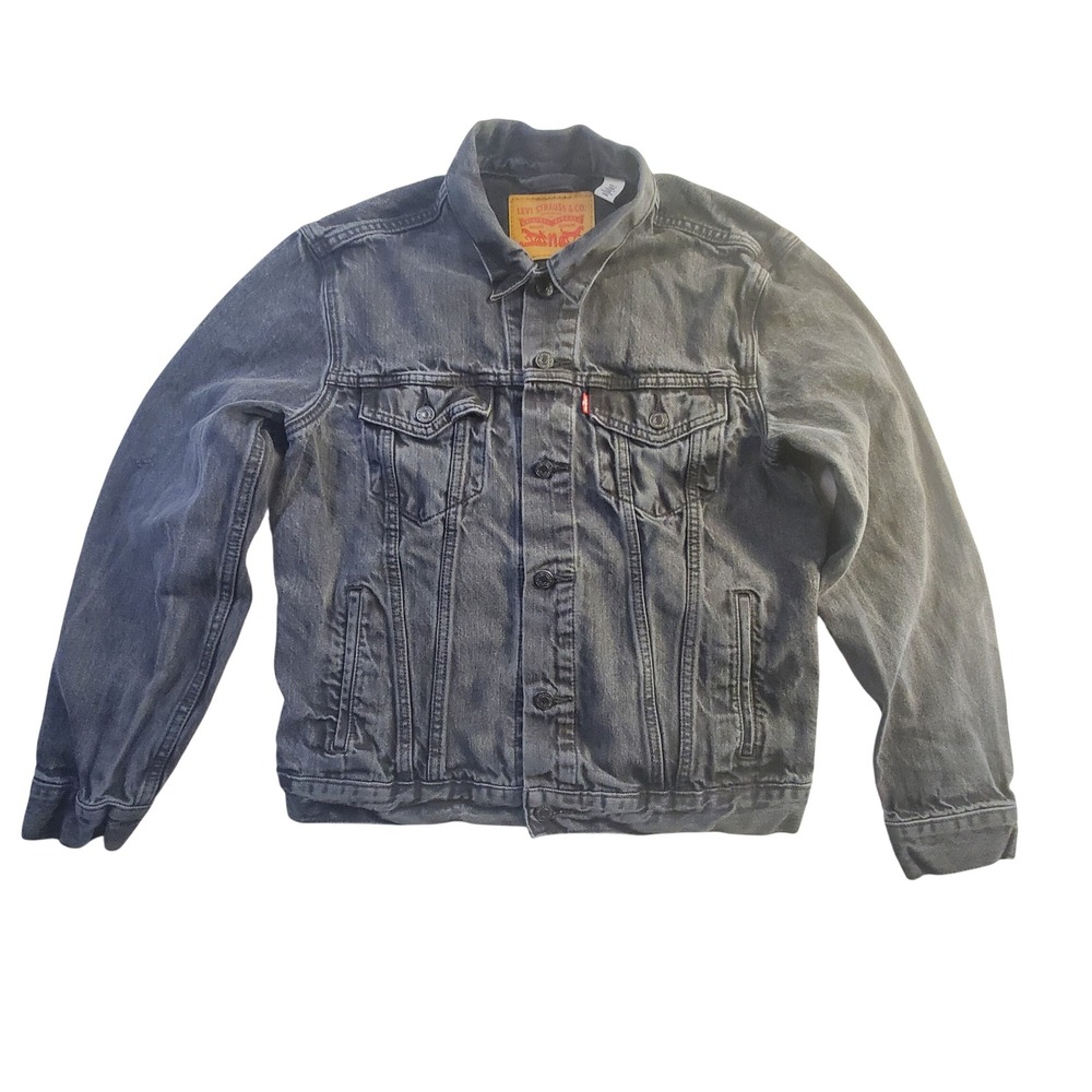 Levis Mens Faded Black Denim Trucker Jacket Size M Charcoal Button Up Coat